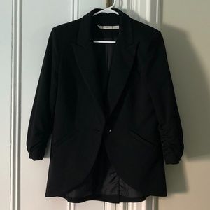 Gibson Ruched Sleeve Black Stretch Knit Blazer